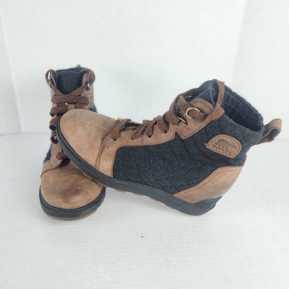 Sorel Evie Sport Lace Brown Leather Black Felt Wedge Ankle Boots Womens 8 NL3924